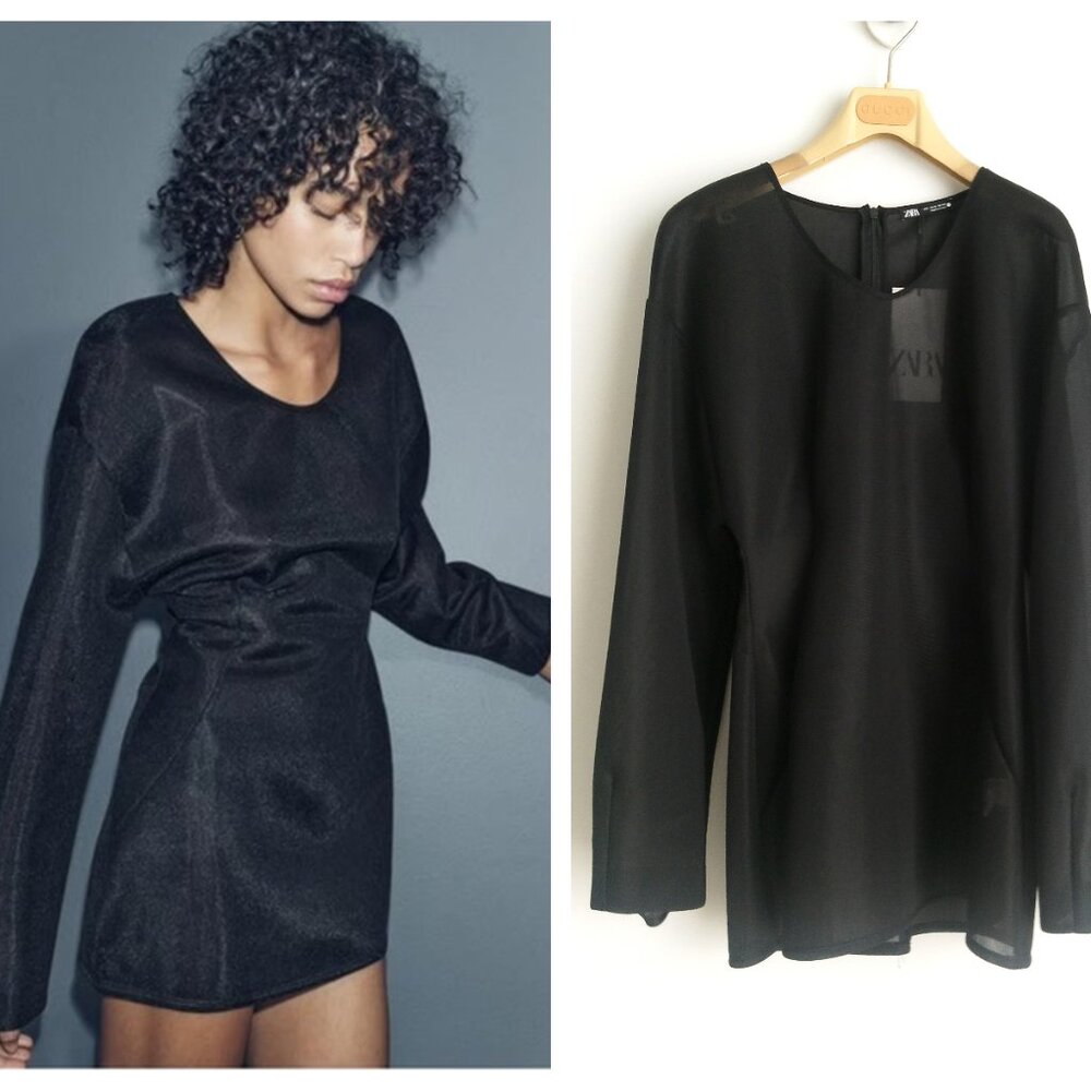 NWT ZARA LONG RIGID ORGANZA TOP BLOUSE BLACK 5070 454